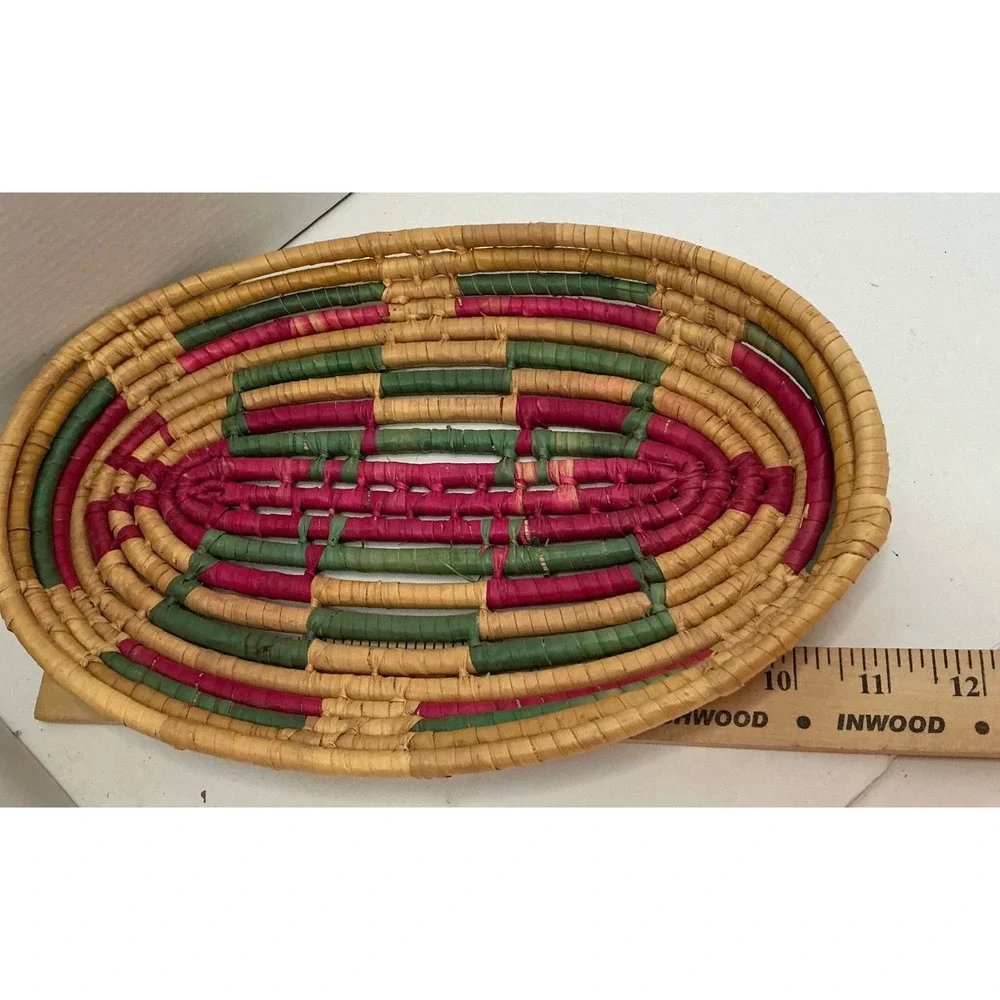 Vintage Woven Coil Basket Oval Pink Green Geometric Boho Decor 10.5in